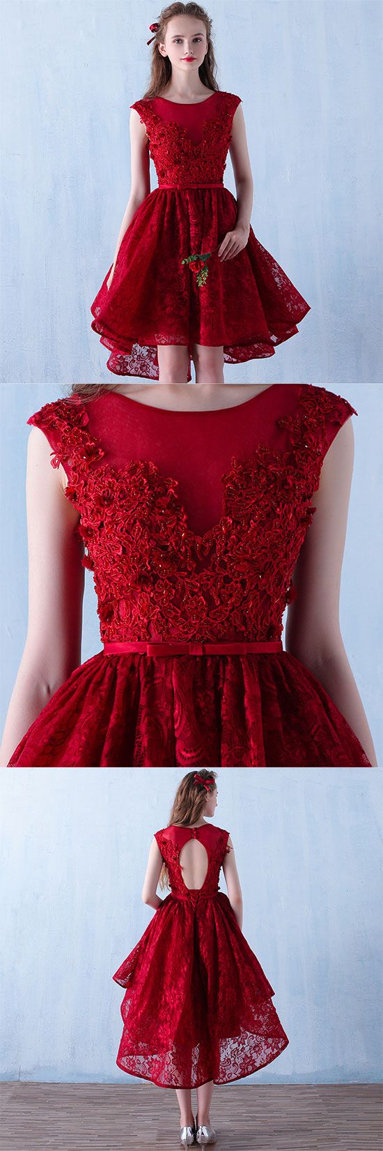 Burgundy lace high low short homecoming dress, evening dress cg2741
