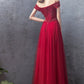 BURGUNDY TULLE OFF SHOULDER LONG PROM DRESS, BURGUNDY EVENING DRESS cg2756