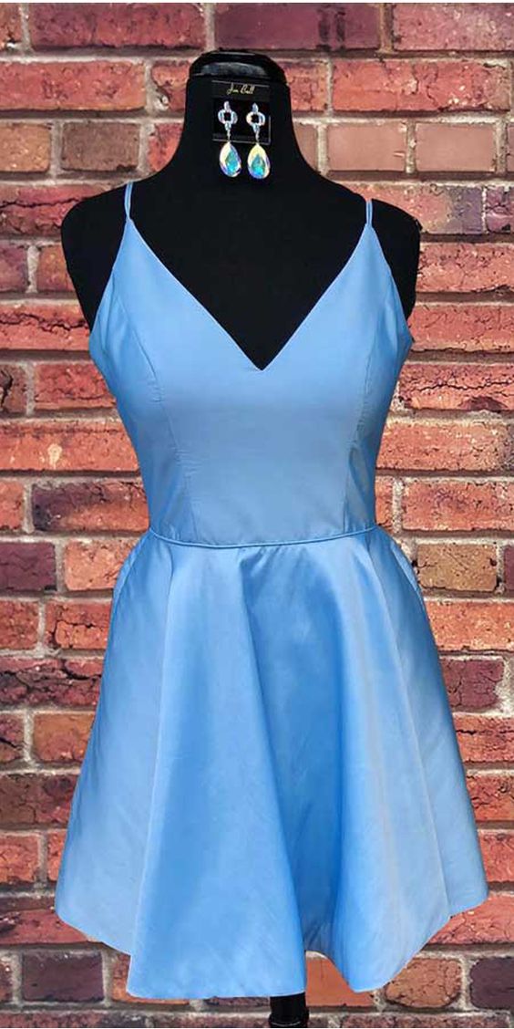 Spaghetti Strap V Neck Sky Blue Short Dress Homecoming Dress  cg2767