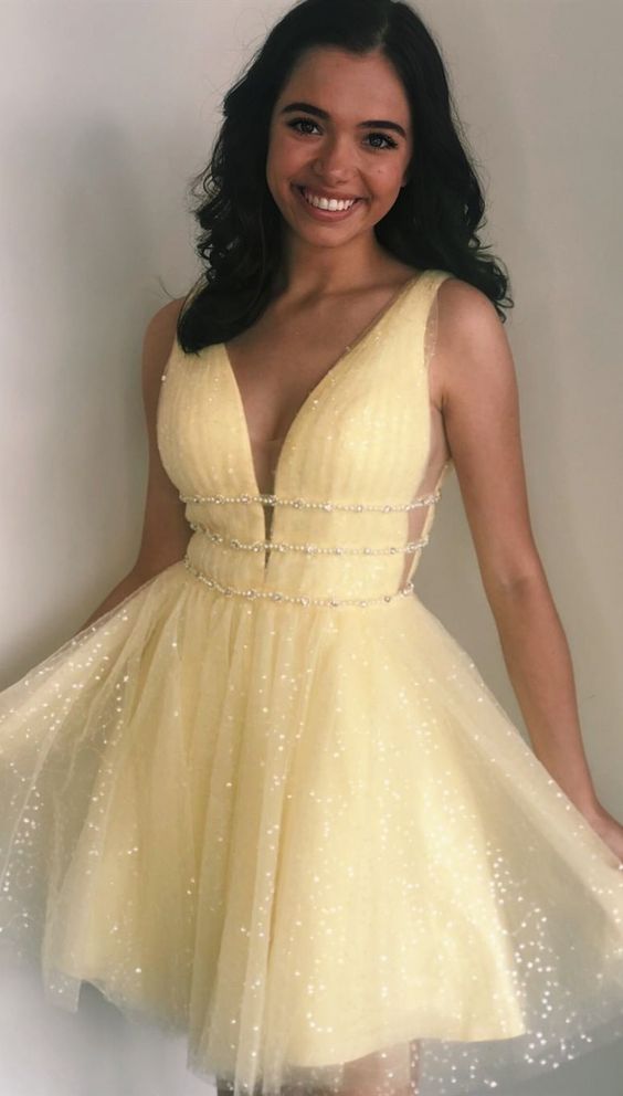 A Line V Neck Knee Length Yellow Homecoming Dress With Beading cg2779