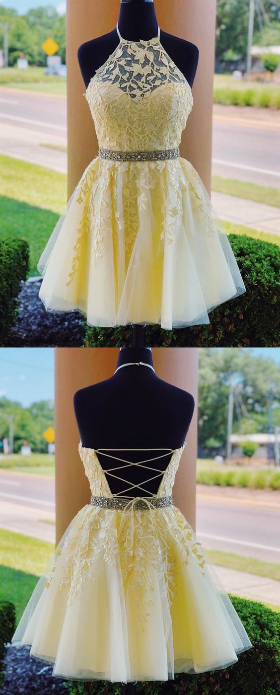 Halter Appliqued Yellow Homecoming Dress Short Dress with Beading Belt  cg2787