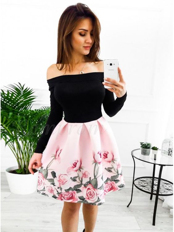 A-Line Off-the-Shoulder Above-Knee Pink Floral Homecoming Dress cg2800