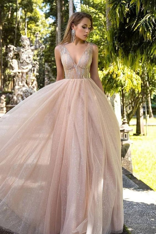 Sparkle V Neck Beaded Champagne Long Formal prom Dresses cg2808