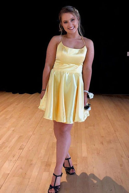 simple tie back short yellow homecoming dresses cg2837