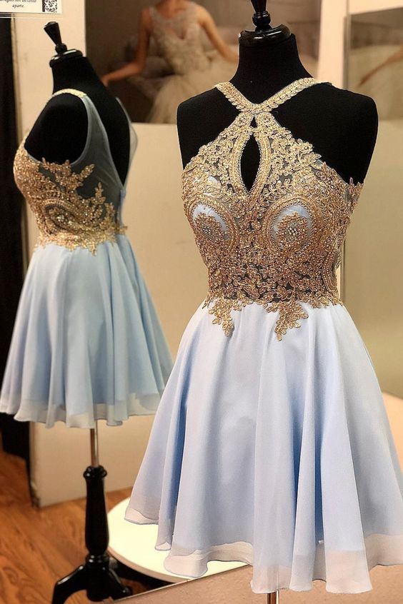 A-line Blue and Gold Short Homecoming Dresses cg2839