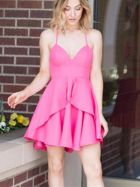 V Neck Spaghetti Straps Sleeveless Short Pink Satin homecoming Dress, Short Pink Satin Formal Homecoming Dress cg2842