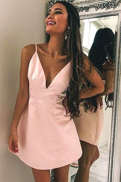 Simple Pink V Neck Homecoming Dress, Satin Short Homecoming Dress  cg2850