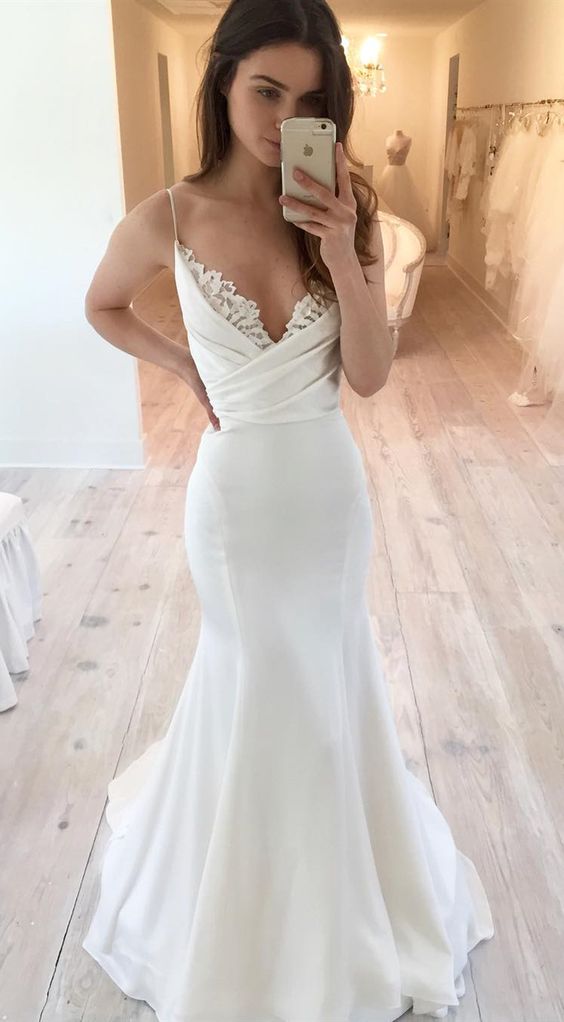 Mermaid Spaghetti Straps White prom Dress With Lace cg2851