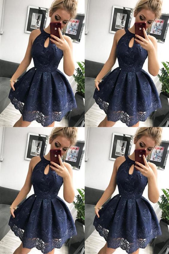 Navy Blue Lace Homecoming Dress, Simple Sleeveless Short Party Dresses  cg2854