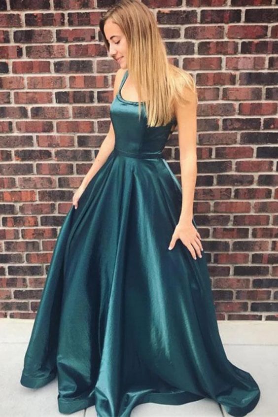 A-Line Scoop Backless Sweep Train Simple Prom Dress with Pockets cg2857