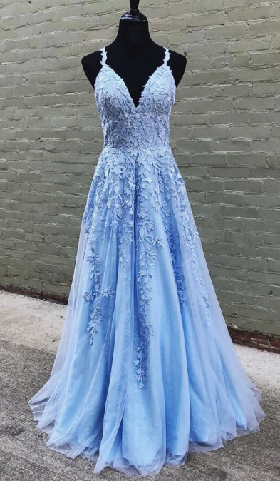 BLUE V NECK TULLE LACE LONG PROM DRESS BLUE LACE FORMAL DRESS cg2867