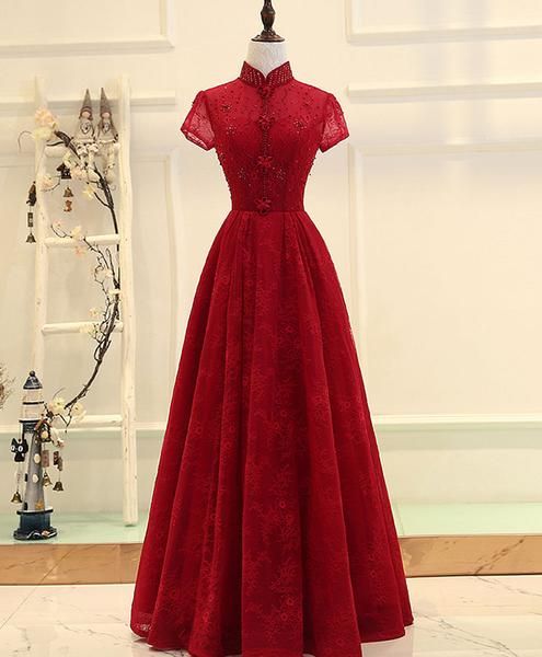 Burgundy high low lace long prom dress, burgundy evening dress cg2875
