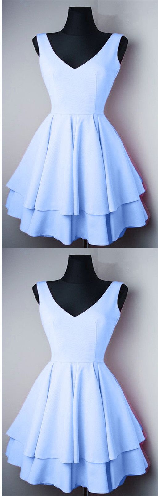 Pretty Short Satin V Neck Ruffle Homecoming Dresses Light Blue cg2905