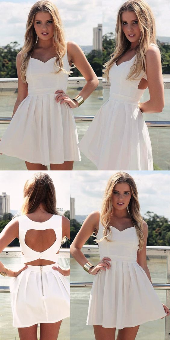 A-Line Scoop Sleeveless Short White Satin Homecoming Dress Open Back cg2917