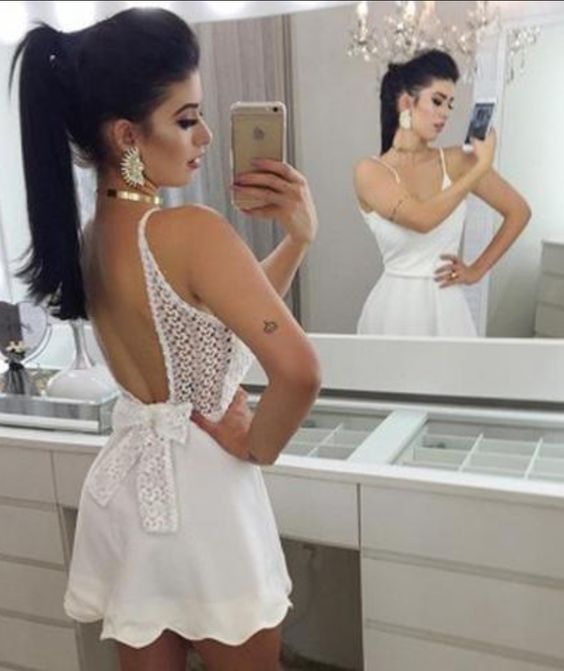 White Deep V Neck Spaghetti Strap Short homecoming dress cg2922