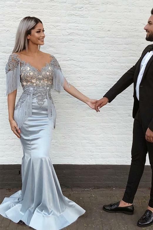 Mermaid V-Neck Short Sleeve Appliques Long Grey prom dress cg2930