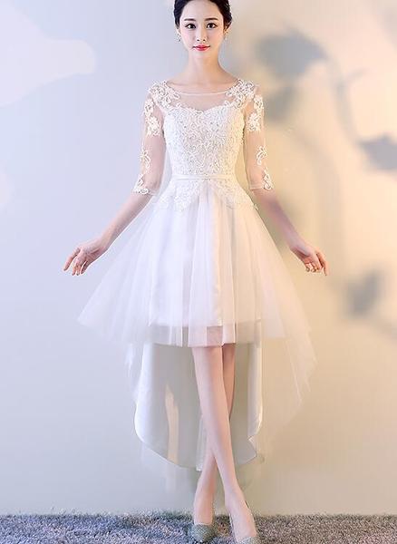 Beautiful White High Low Graduation Dress, Short Sleeves Lace Party homecoming Dress cg2937