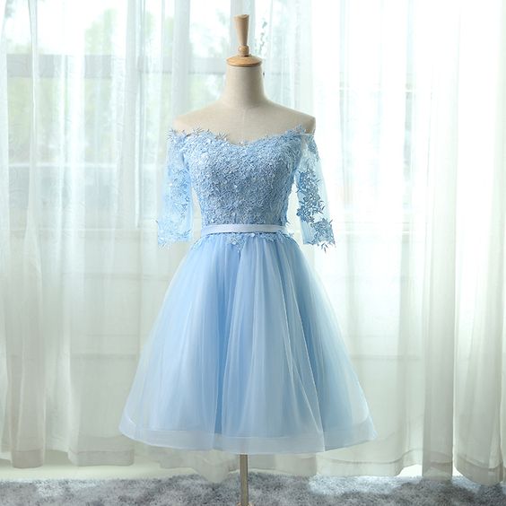 Light Blue Tulle Cockail Dress, Off The Shoulder Homecoming Dress With Lace Appliques cg2944