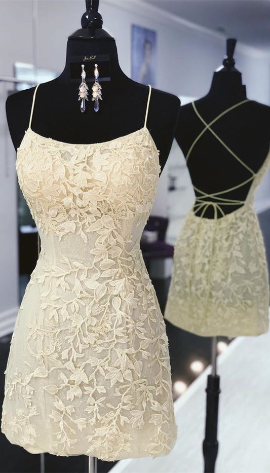 tight yellow lace homecoming dresses, short yellow homecoming dress with lace up back cg2949