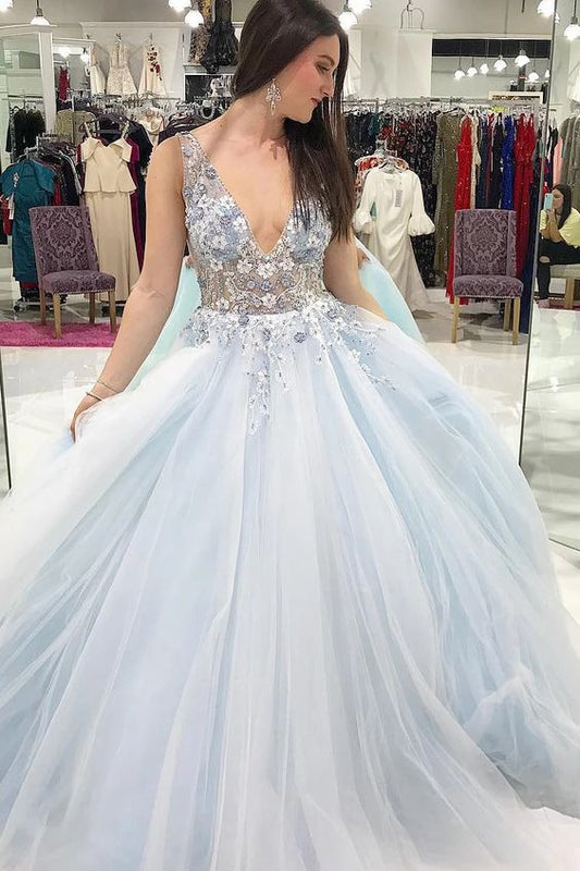 V Neck Light Sky Blue Long Formal prom Dress with Flowers cg2972