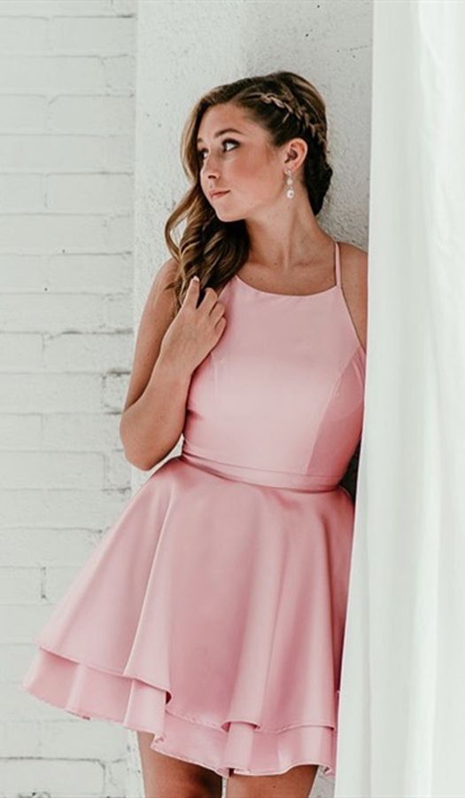 A Line Sleeveless Knee Length Pink Short Homecoming Dress With Tiered cg2973