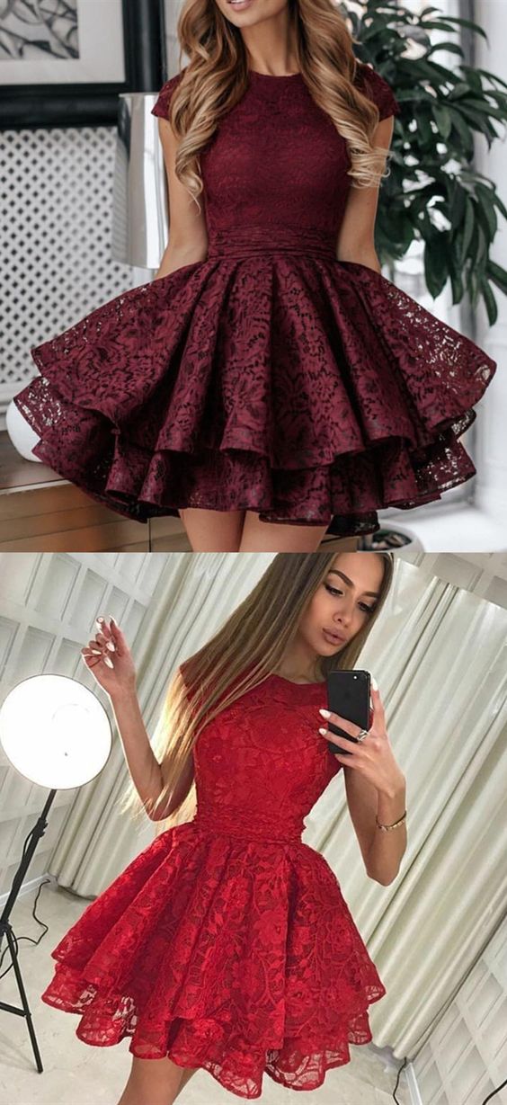 A-Line Round Neck Short Red Lace Homecoming Dress cg2975 – classygown