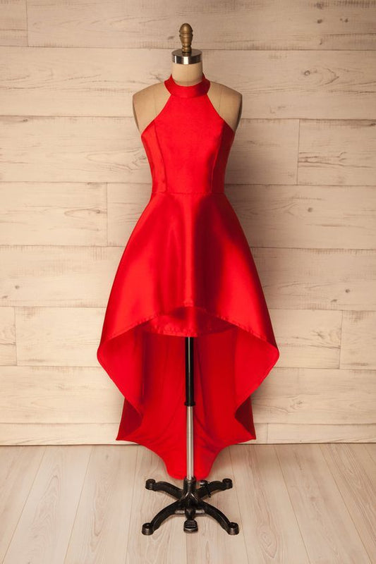 simple red satin prom dress,high low prom dress cg2983