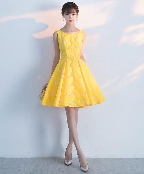 Cute yellow lace short dress, yellow homecoming dress cg2987