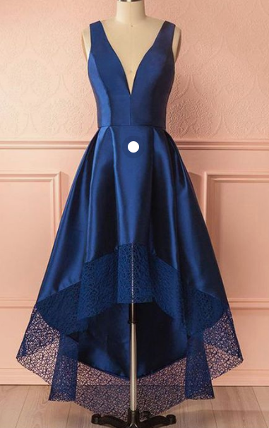 deep v-neck royal blue high low prom dress, satin lace hi-low formal dress cg2995