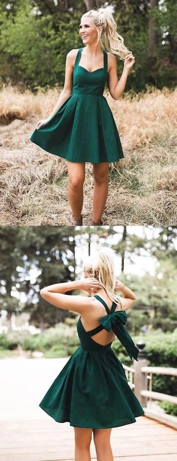 Green Satin Halter With Bowknot Simple Homecoming Dresses cg3059