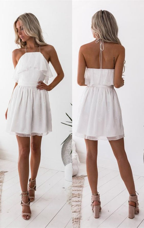 A-Line Halter Printed White Chiffon Homecoming Dress With Ruffles cg30 ...