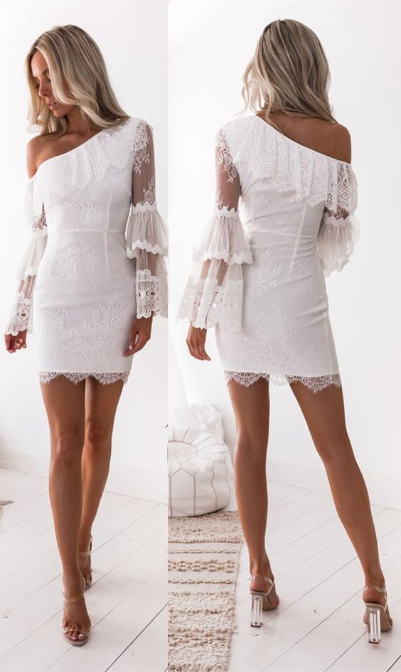 Sheath One Shoulder Long Sleeves White Lace Homecoming Dress with Ruffles cg3068