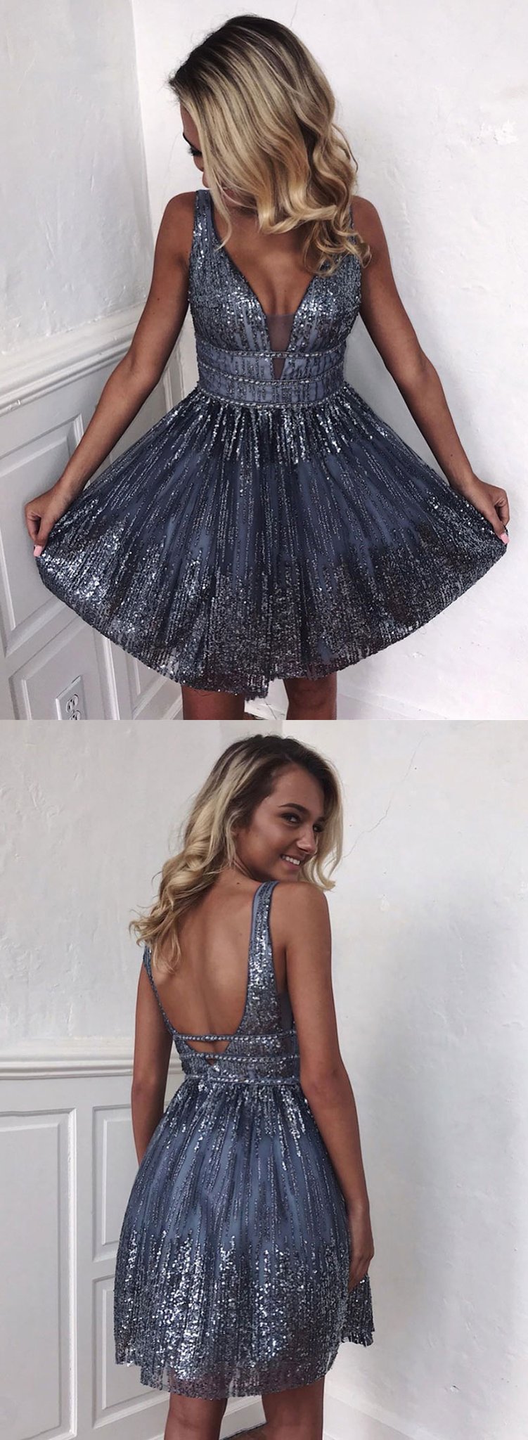 Gray v neck tulle sequins short dress, homecoming dress cg3072