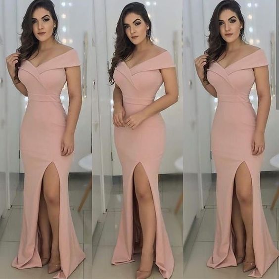 Off-Shoulder Satin Mermaid Long prom Dresses with Front Slit cg3093
