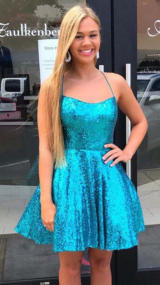 Criss Cross A-Line Short Dress Blue Sequins Homecoming Dress cg3099