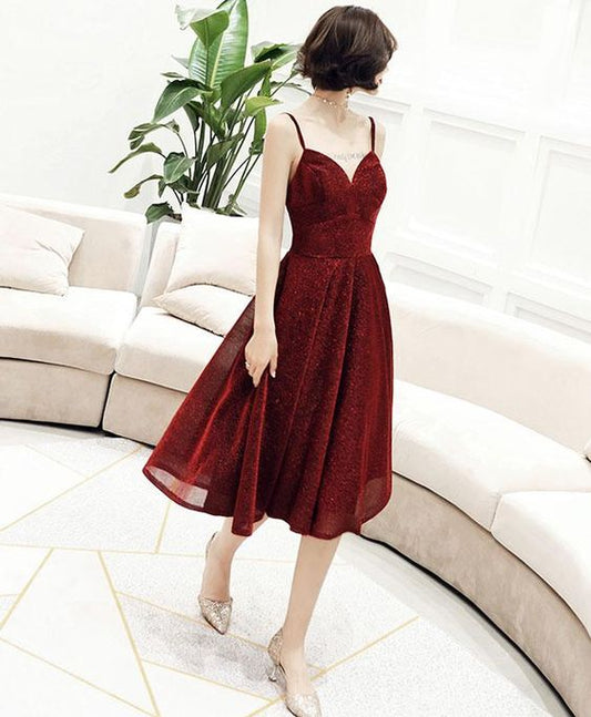 Simple v neck tulle sequin short dress, burgundy homecoming dress  cg3146