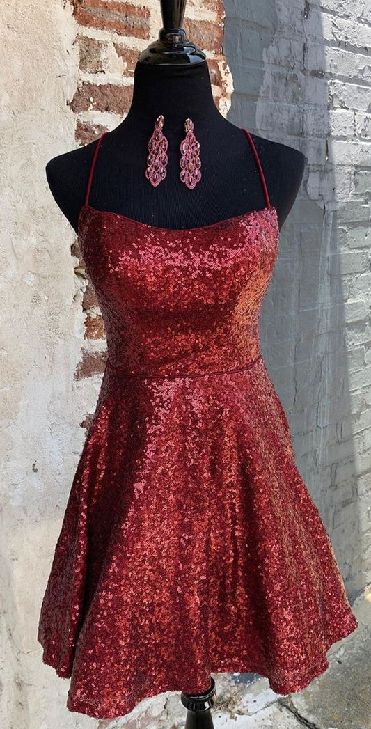 A Line Criss Cross Straps Back Burgundy Sequins Homecoming Dress cg3158