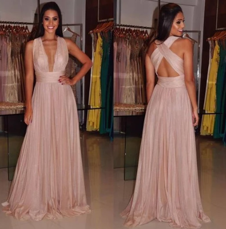 Blush pink prom dress,V-neck long prom dress,A-line backless prom gown, chiffon evening gowns, Floor Length Party Dress cg3177