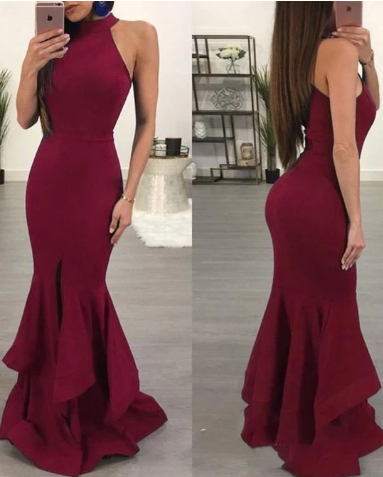 Mermaid Halter Elastic Satin Burgundy Irregular Long Prom Dresses, Elegant Evening Party Dresses cg3181