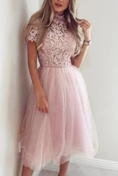 A-Line Jewel Mid-Calf Pink Homecoming Dress with Lace cg3184
