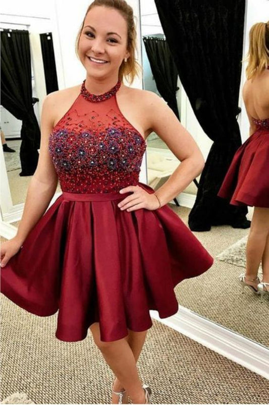 Burgundy Halter Sleeveless Backless A Line Homecoming Dresses  cg3188