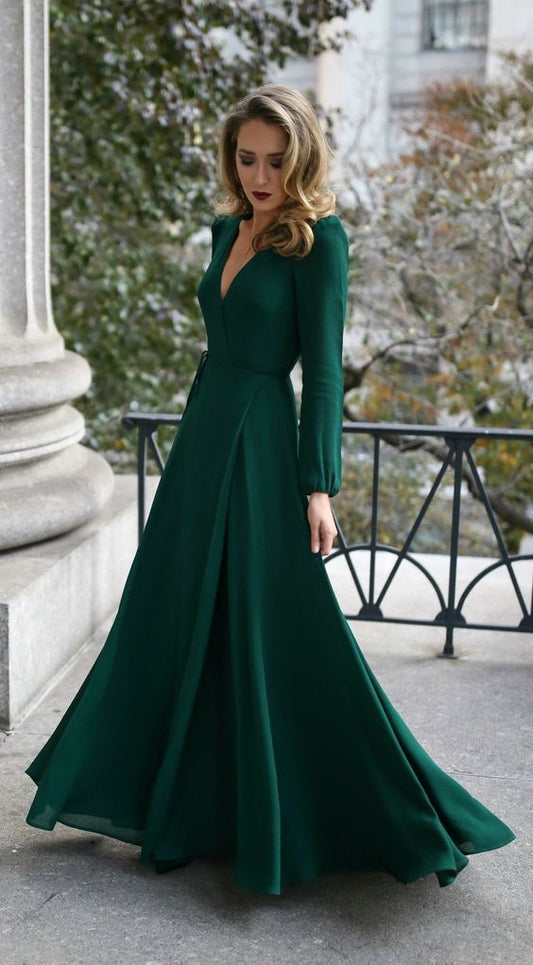 A Line Party Dress With Split,Deep V Neck Prom Dress,Party Dress With Long Sleeves  cg3221