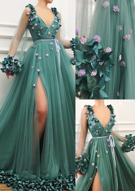 2019 new prom dress , v neck prom gown with long sleeve  cg3224