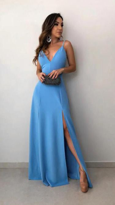A-Line Spaghetti Straps Floor-Length Sky Blue Prom Dress with Split cg ...