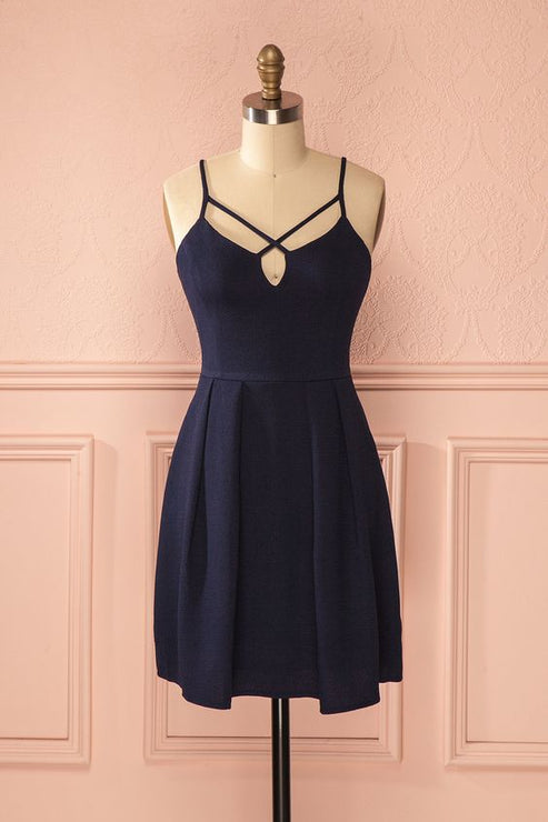 Sexy A-Line Spaghetti Straps Dark Blue Satin Homecoming dress cg3268 ...