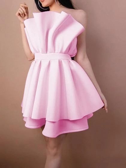 Pink Bandeau Ruffle Trim Open Back Chic Women Mini Homecoming Dress  cg3273