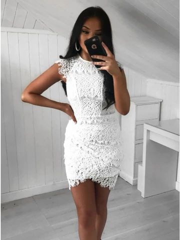 Sheath Tight Jewel White Lace Tulip Short Homecoming Dress cg3282