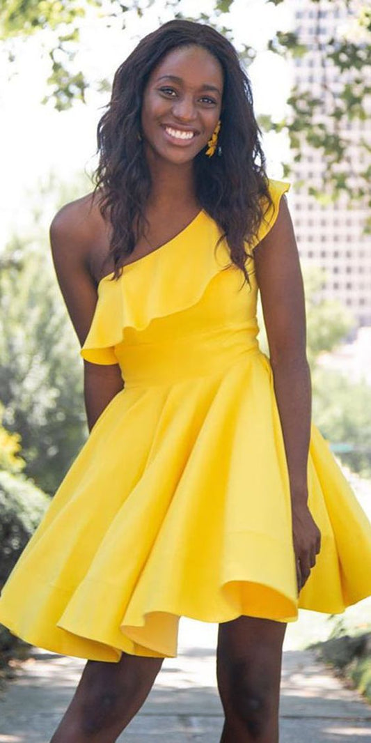 Yellow Satin One Shoulder A-Line Short Homecoming Dress cg3292