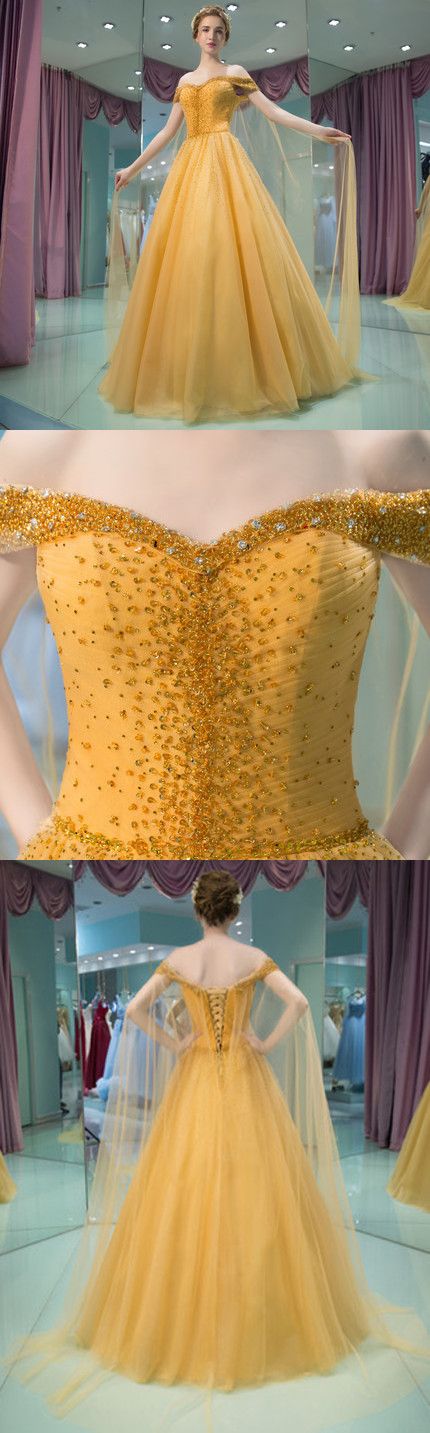 Beading Prom Dress Off-the-shoulder Yellow Brush Train Rhinestone Prom Dress/Evening Dress cg3294