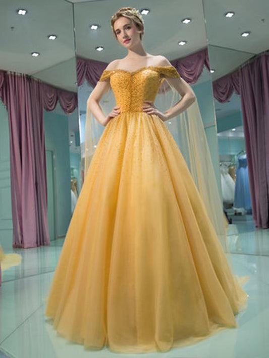 Beading Prom Dress Off-the-shoulder Yellow Brush Train Rhinestone Prom Dress/Evening Dress cg3294